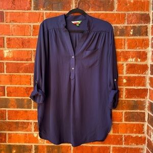 Fervour Womens Large Blue Roll Tab Vneck Popover Chiffon Career Top